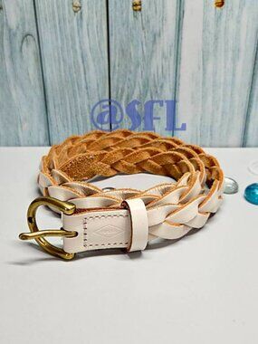 Fossil Genuine Leather Skinny Braid Belt In Vanilla Creamy White Size M Preppy